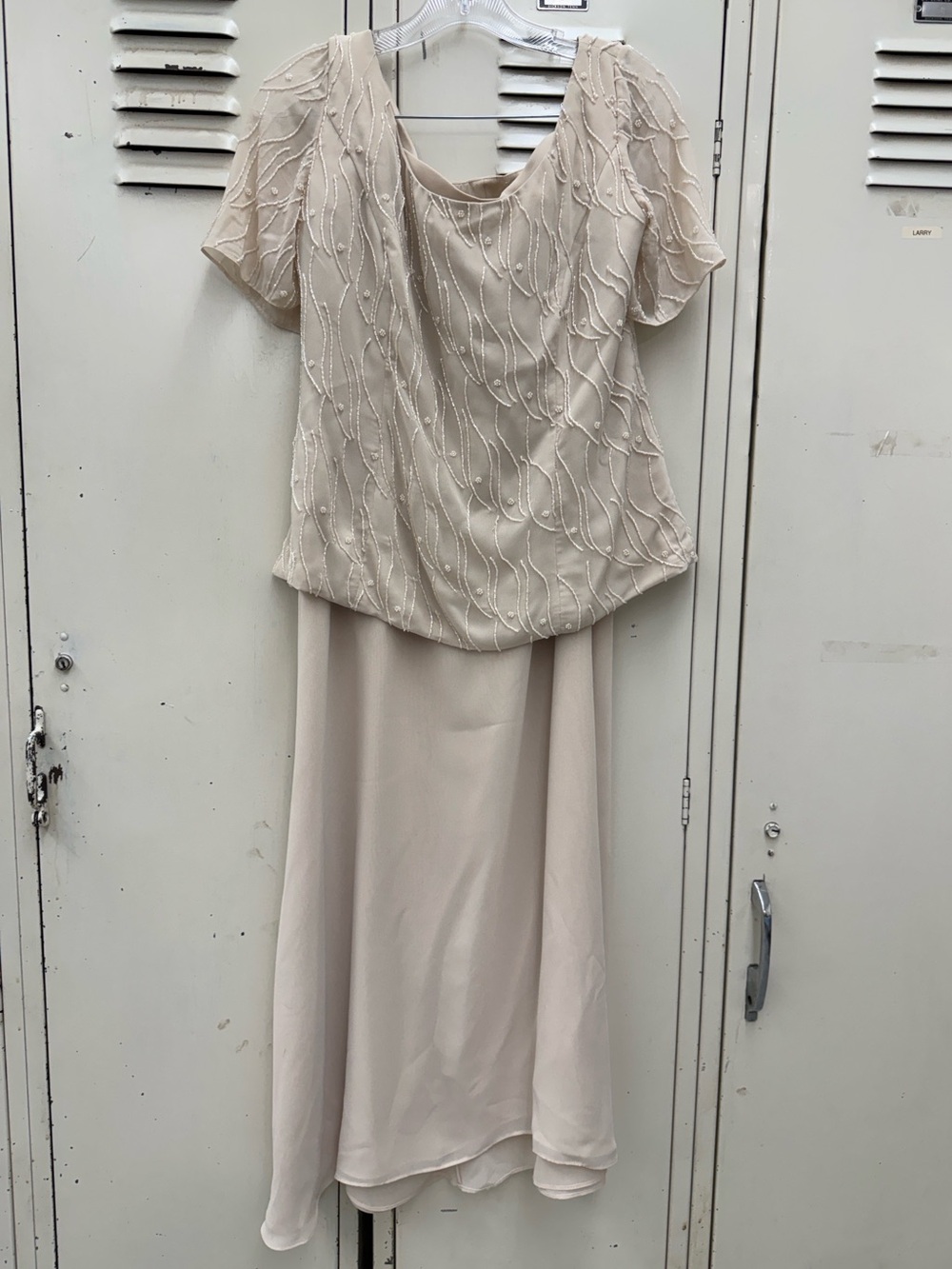 Caterina Feminine Beautiful Beaded Ivory Maxi Dress with Short Sleeve Overlay
